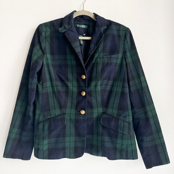 Lauren Ralph Lauren Blackwatch Plaid Blue Green Cotton Blazer 12 - Picture 5 of 11